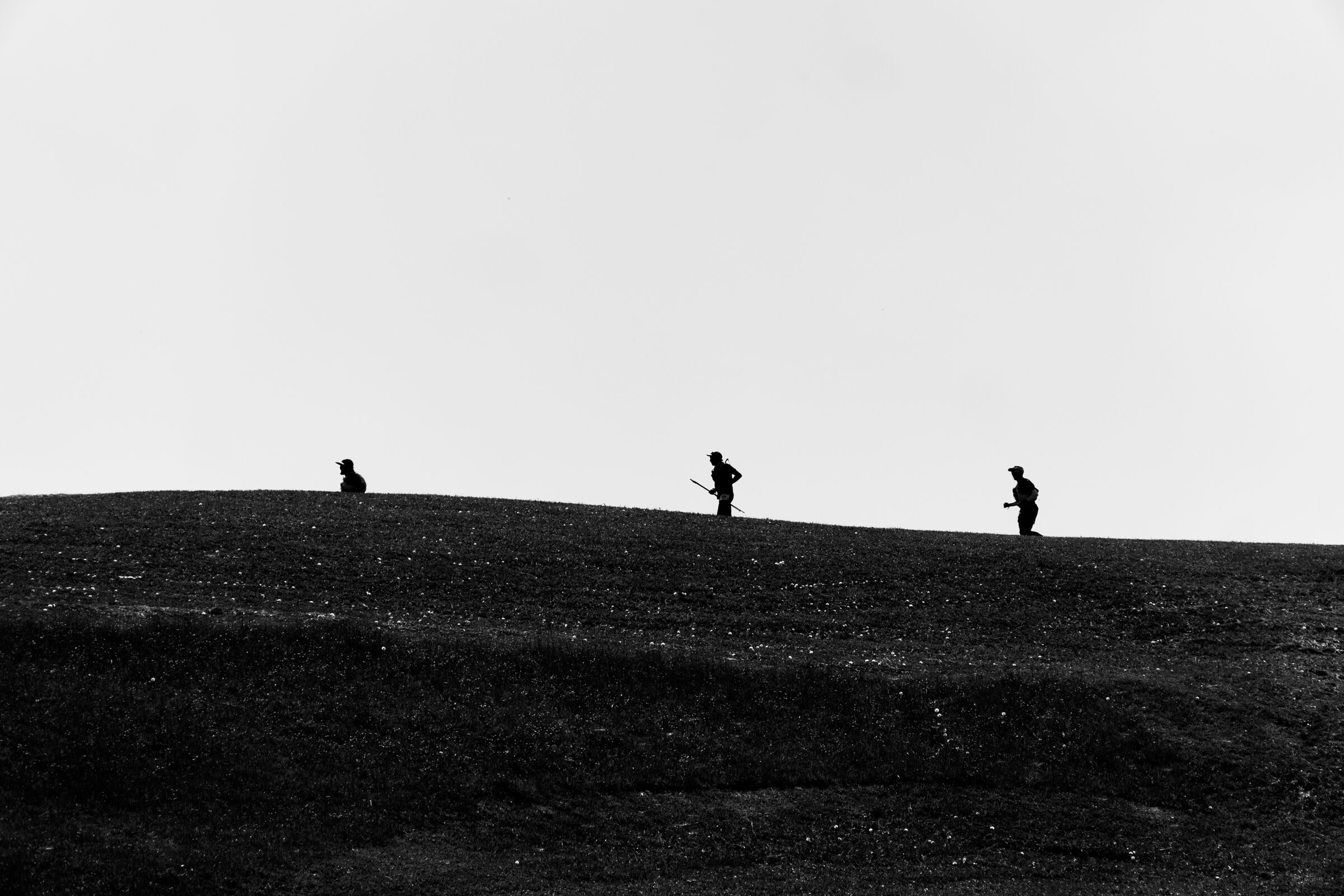 Three trail runners silhouetted on a hilltop against an open sky
